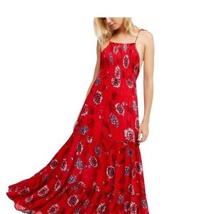 Intimately Free People Garden Party Floral Red Smocked Maxi Dress Womens Size S
